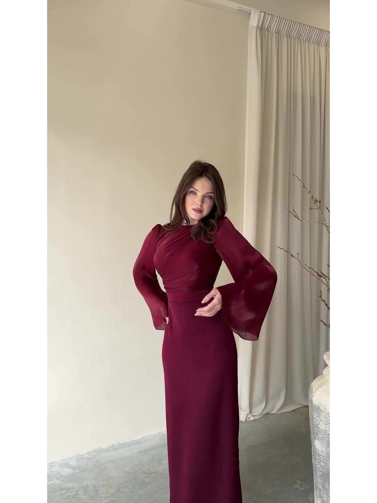 2024 Elegantes einfarbiges gerafftes Bodycon-Kleid mit taillenbetontem Design und langen Ärmeln