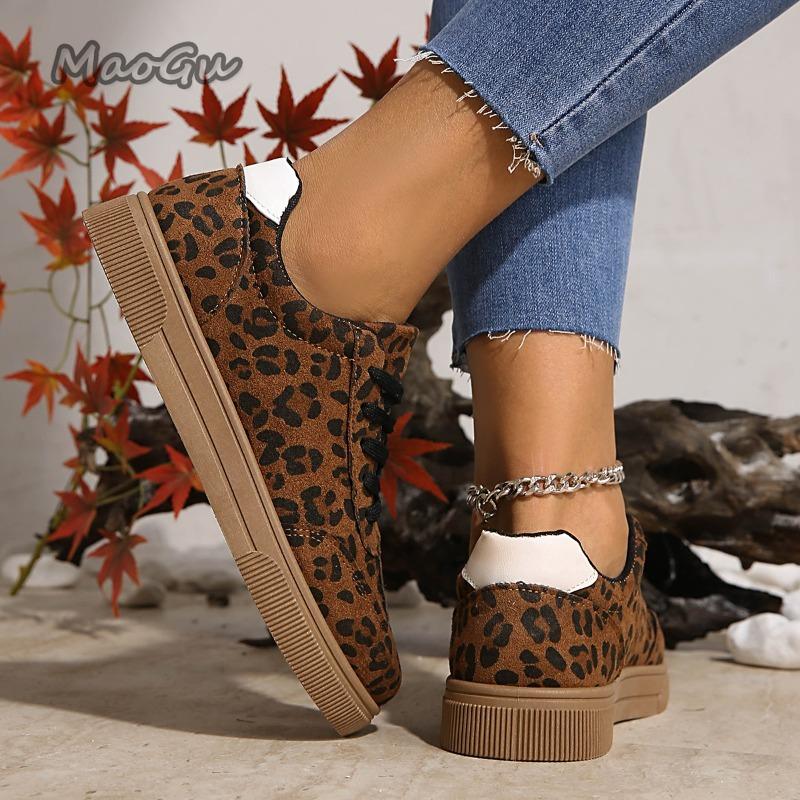 Brązowe Leopardowe Sznurowane Damskie Buty Wulkanizowane Wiosna Jesień Okrągły Nosek Modne Codzienne Trampki Wygodne Płaskie Zapatillas De Mujer