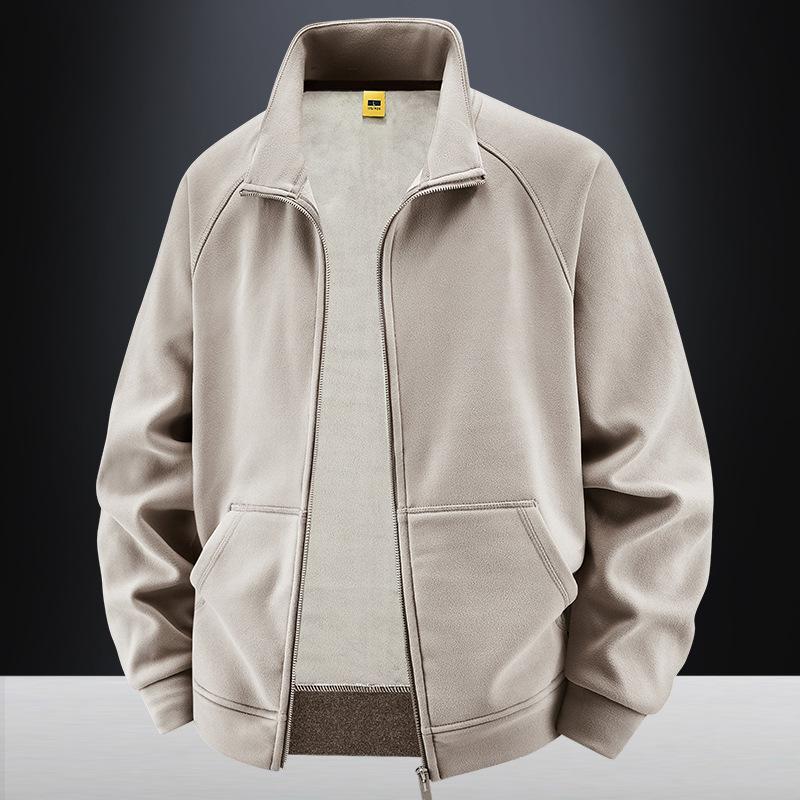 New American Sports Stand-up Collar German Velvet Sweatshirt Men's Autumn and Winter Basic Style Plus Velvet Thickened Cardigan Loose Solid Color