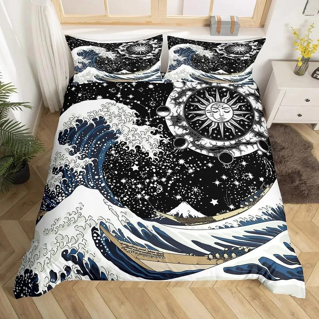 Japanese Ukiyoe Duvet Cover Set Hokusai Pattern Bedding Set Watercolor Sun Mountain Comforter Cover Exotic Style Quilt Cover Set