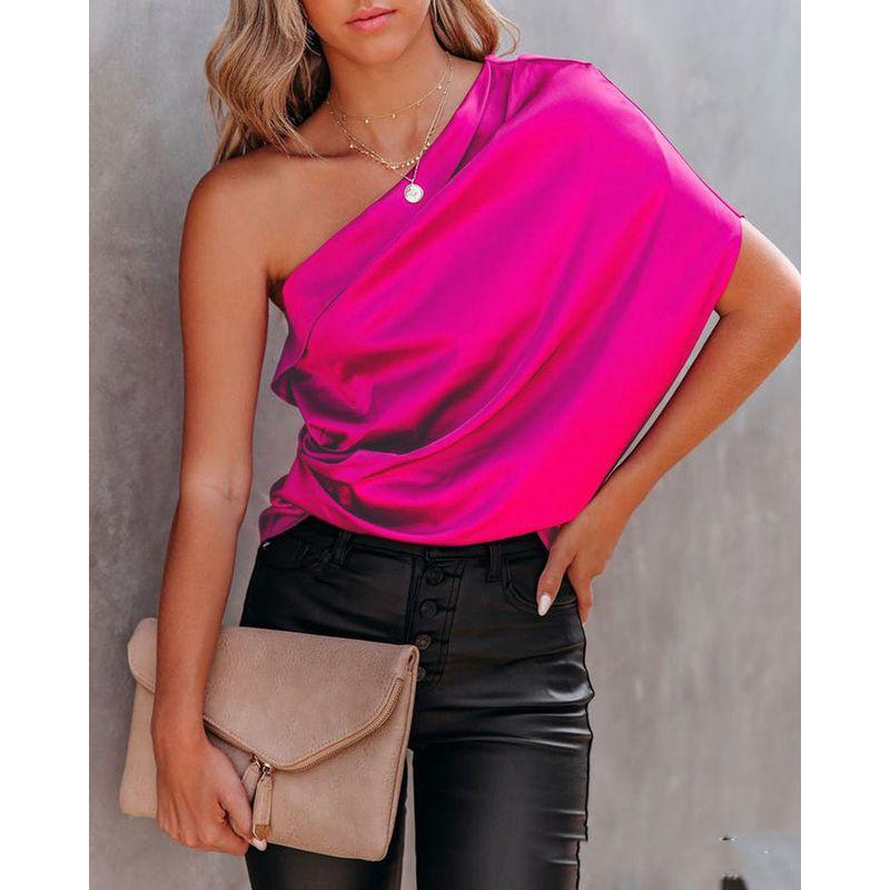 European and American-Style One-Shoulder Draped Satin Shirt