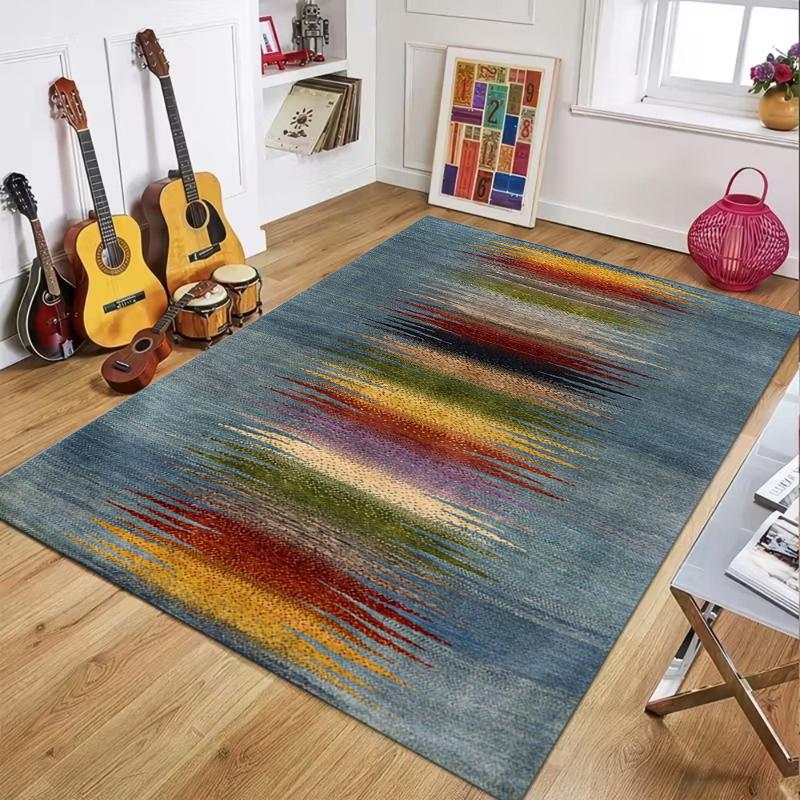 Boho Multicolor Striped Rug Retro Soft Non-Slip Washable Area Carpet Abstract Rainbow Floor Mat for Living Room Kitchen Entryway