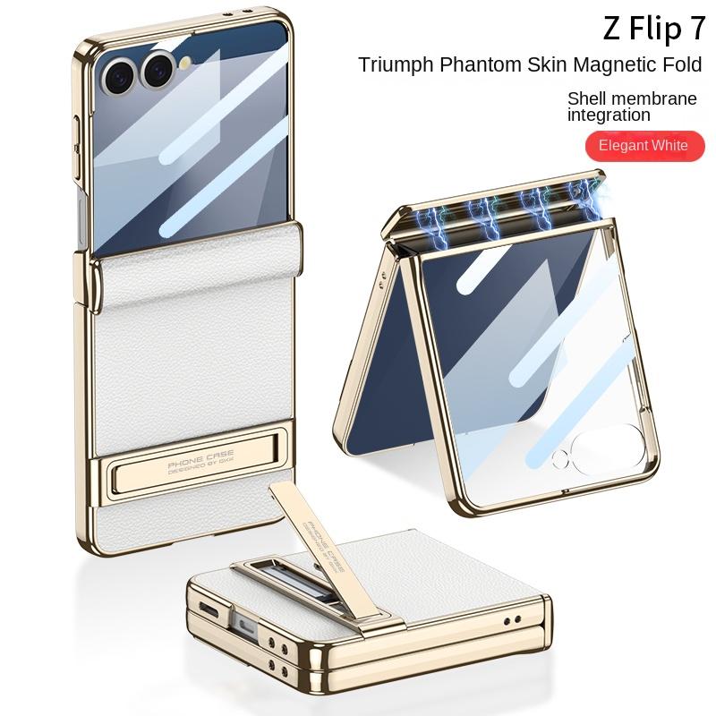 For Samsung Galaxy Z Flip 7 Case Luxury PU Leather Middle Hinge With Stand Protect Back Cover Case For Z Flip 7 Phone Shell