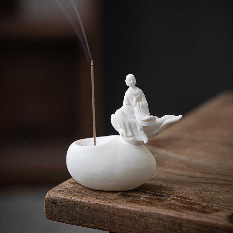 

White Buddha Incense Burner Ceramic Tray Chinese White Porcelain Statue Incense Holder Meditation & Aromatherapy Decor
