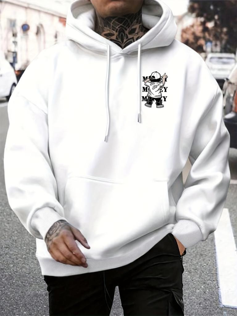 Urban‑figure Men Hoodie Trendy Back‑view Dancer Figure Street‑script‑themed Motif Print Pullover For Soft Relaxed Casual Street Wear
