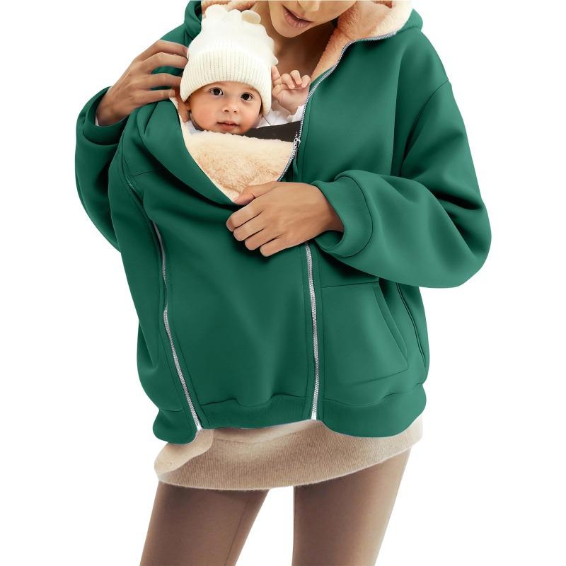 Women's Winter Maternity Baby Carrier Hoodie Fleece Lined Zip Up Kangaroo Pocket Jacket