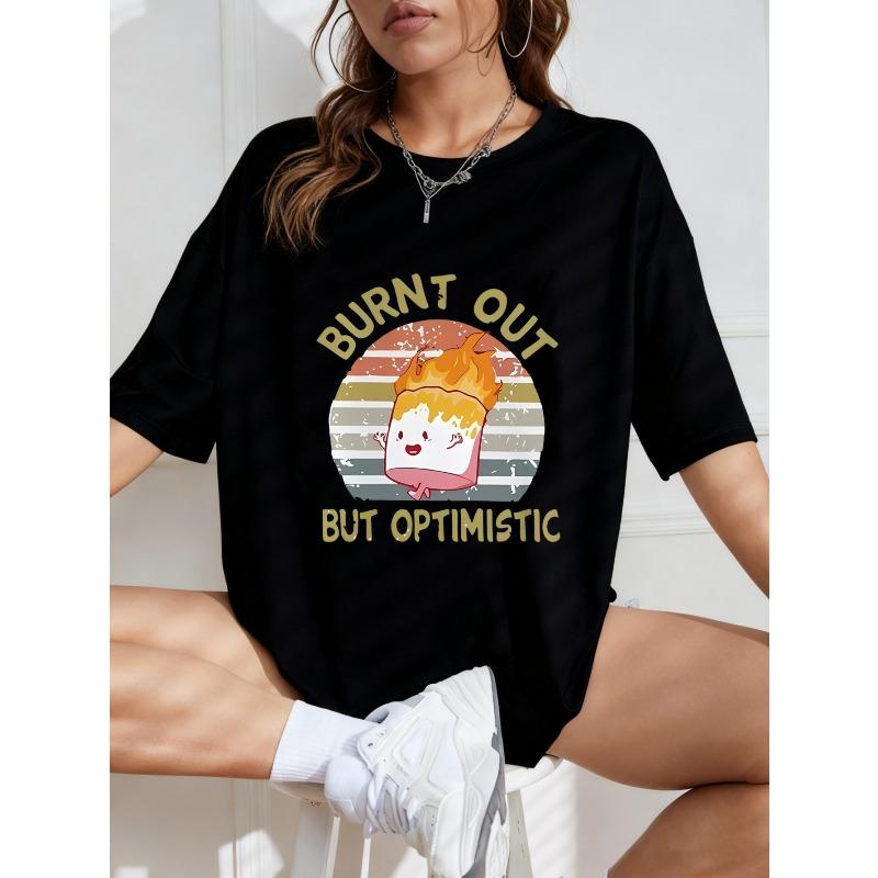 White T-Shirt With Burnt Out But Optimistic Cartoon Marshmallow Print For Casual Wear