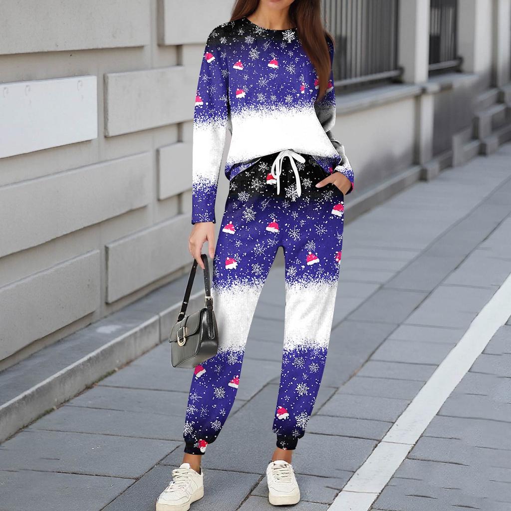 Sets For Women 2 Piece Round Neck Long Sleeve Shirts Printed Sweatpants Pocket Sets