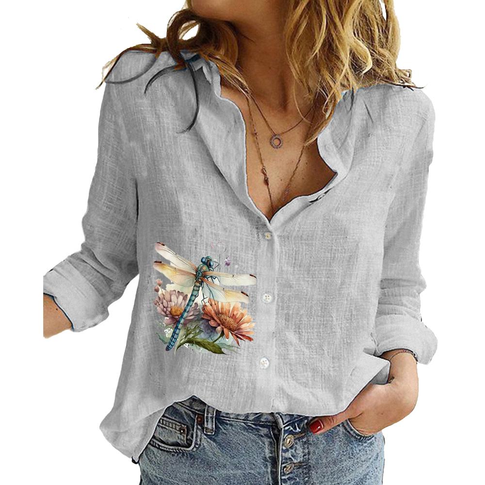 Women Fashion Cotton Linen Shirt Summer&fall Long Sleeve Top Ladies Printed Blouses