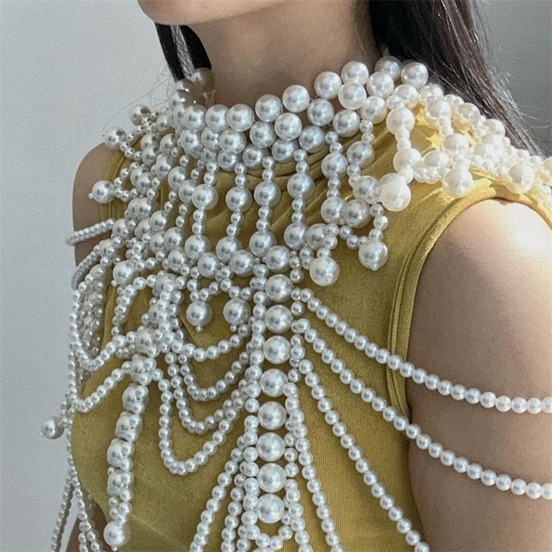 Sexy Damen Perlen Körperkette BH Verstellbare Größe Schal Halsketten Kragen Schulter Mode Oberteile Kettenhalsketten Körperschmuck