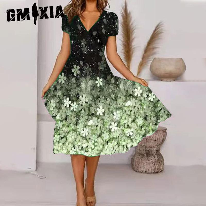 GMXIA Plus Size V Neck Midi Dress Short Sleeve High Hem Casual Colorful Floral Print Dress
