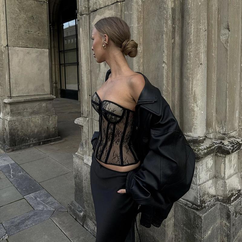 Biege Corset Steel Bone Korset Woman Hollow Out Strapless Lace Bra Bustier Top Mesh Women Lingerie Black White Sexy Lingerie