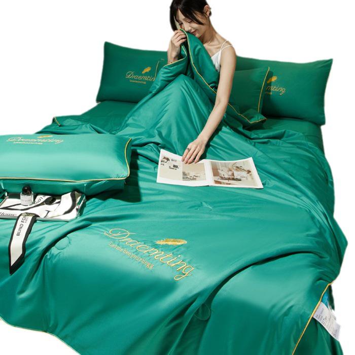 Embroidered Ice Silk Summer Quilt Set: Cool, Luxurious 3-Piece or 4-Piece with Pillowcase for Dorms.
