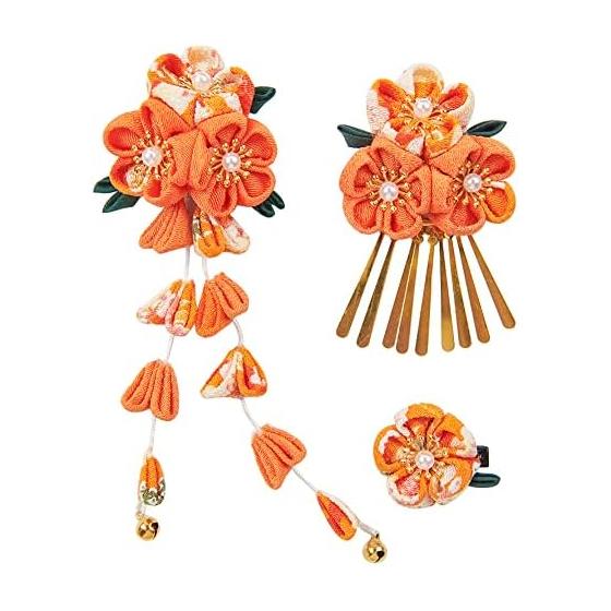 Hair Accessories Set for Girls - 3-Piece Tsumami Zaiku Flower Clips with Bells, Orange, for Shichi-Go-San, Coming of Age Ceremony, Yukata, Kimono,