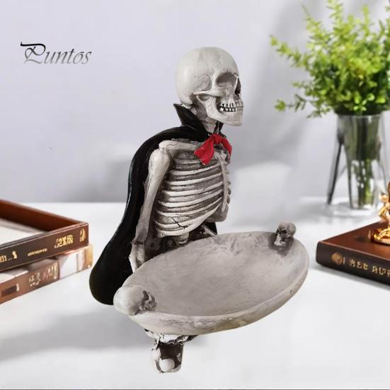 Dark Aesthetic Ornament Halloween Skeleton Decorative Tray, Gothic Storage Tray with Black Cape Red Figurine Bow, Multifunctional Desktop Organizer