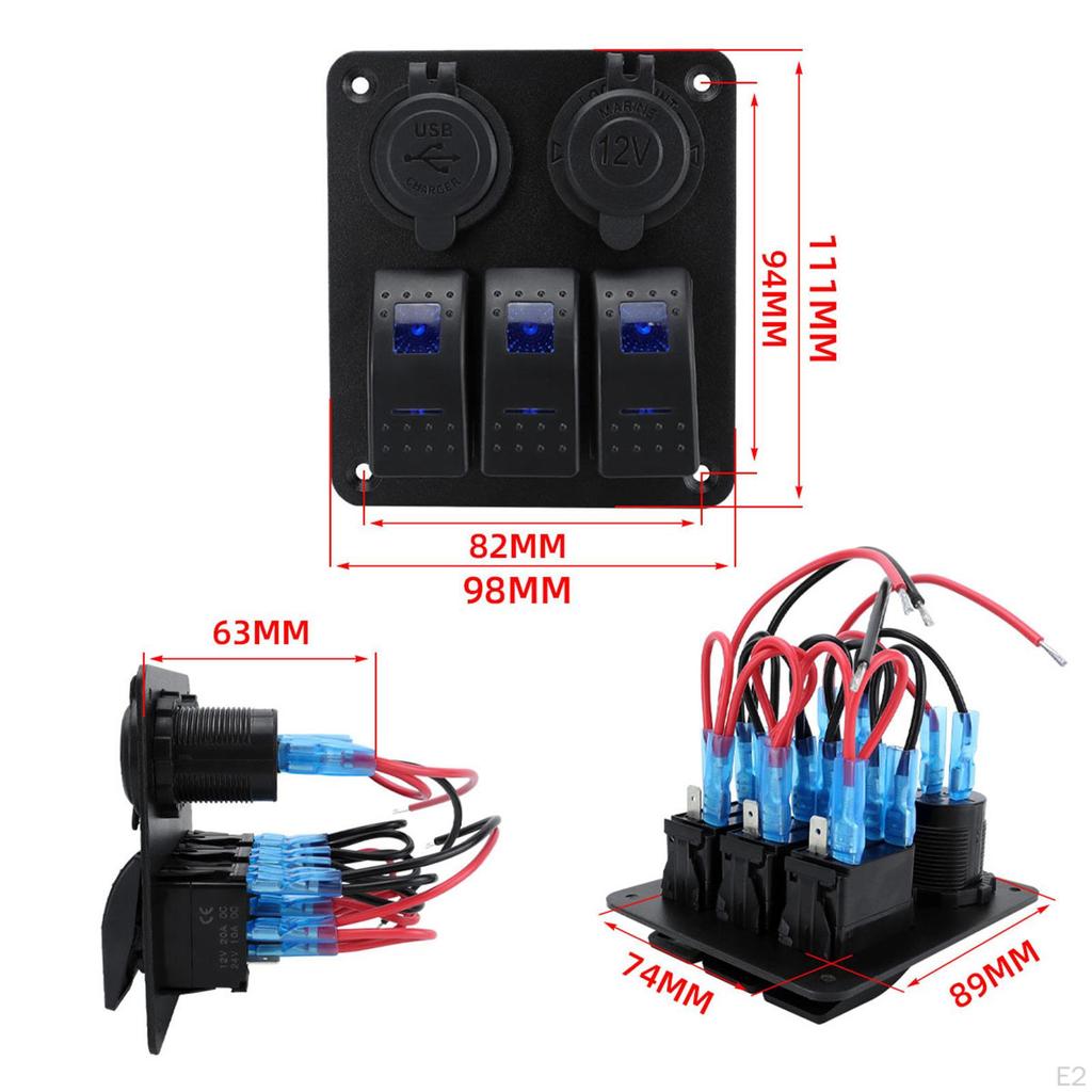 3 Gang Rocker Switch Panel Pre Wired 12V 24V for Boat RV Marine Blue