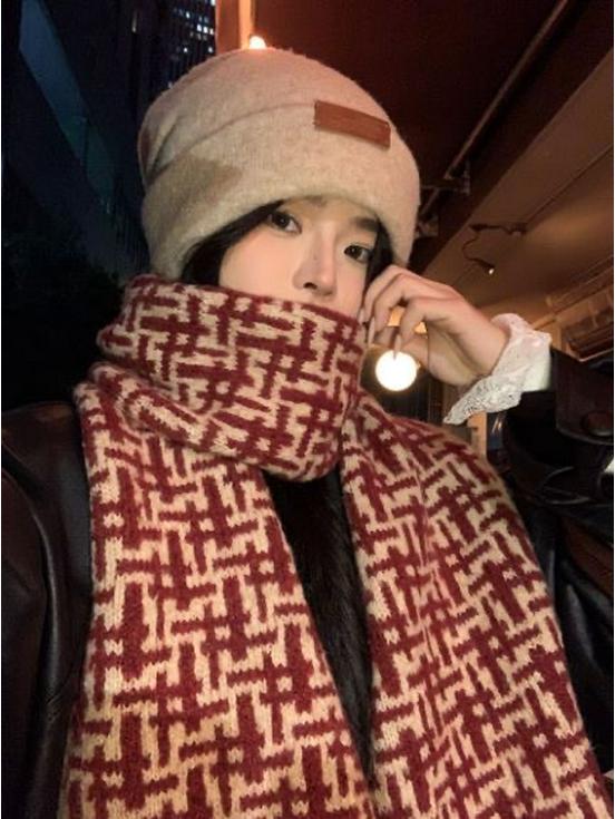 2024 Women's Red Wool Blend Scarf - Warm, Versatile, Christmas Winter Accessory