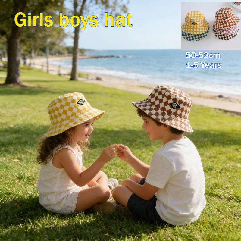 Kids Bucket Hat 50-52cm 1-5 Years Checkerboard Pattern Cute Plaid Baby Boys Girls Sun Hat Soft Kid Chilren Fisherman Panama Caps