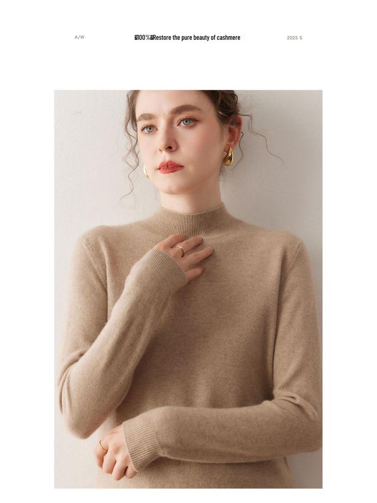 Autumn/Winter Women's Pure Cashmere Semi-High Neck Loose Knitted Sweater Pullover.