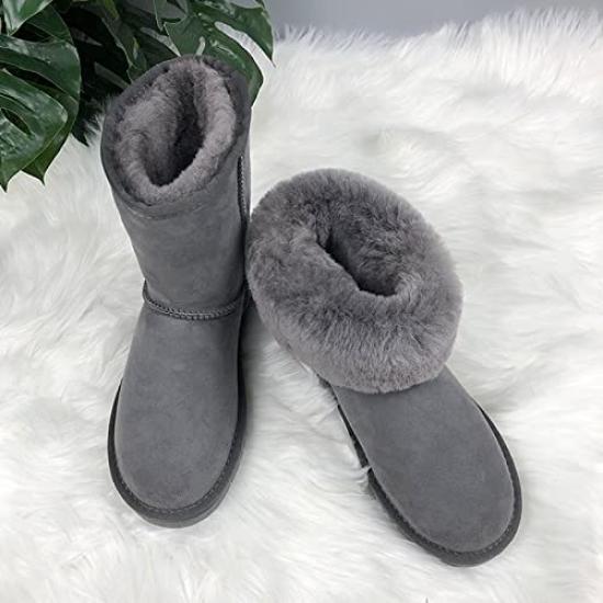 N Gaji Sheepskin Genuine Cowhide and Sheep Long Boots with Warm Fur Fluffy Waterproof and Size A22 Women's Boots, Fur, Lining, Non-Slip Sole, (Gray,
