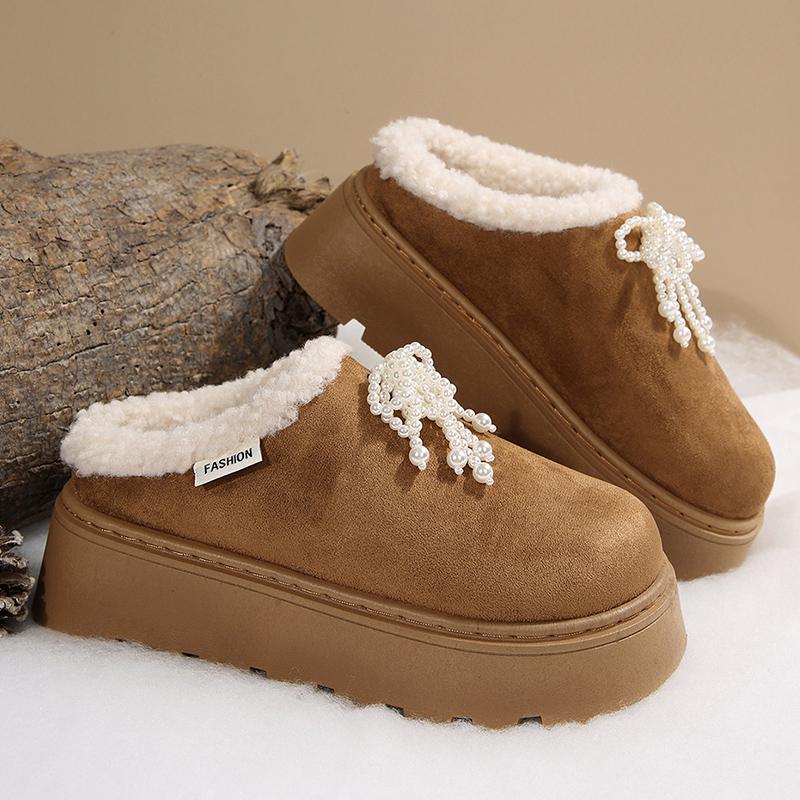 Fashion Pearls Decor Thick Sole Plush Slippers Women Outdoor Warm Winter Cotton Shoes Woman Plus Size 36-43 Non Slip Snow Boots