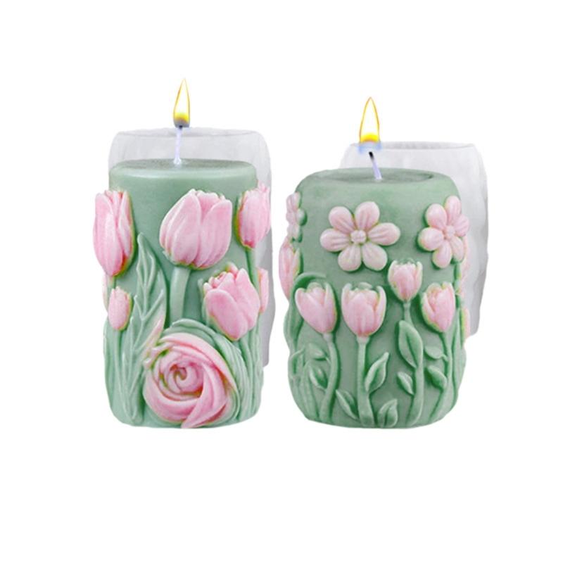 Flower Embossed Cylinder Shape Silicone Molds for Epoxy Resin Making Candle Soap Heat Resistant Floral Silicone Mould