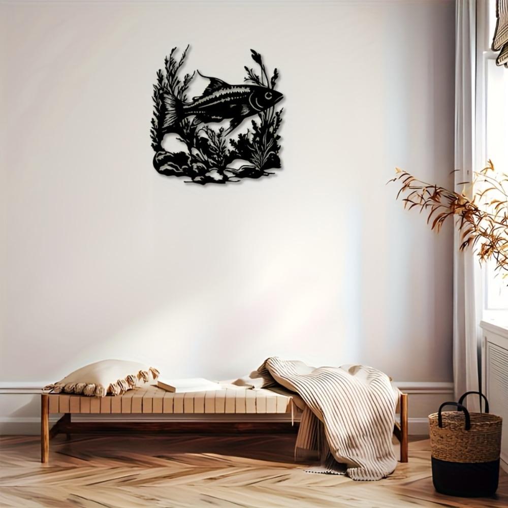 Metal Wall Art Fish Ocean Plants Rocks Black Home Decor Gift for Living Room Patio Beach House