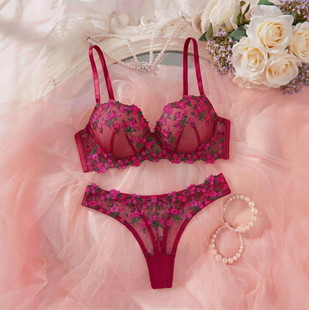 French Pink Floral Embroidered Bra and Thong Lingerie Set
