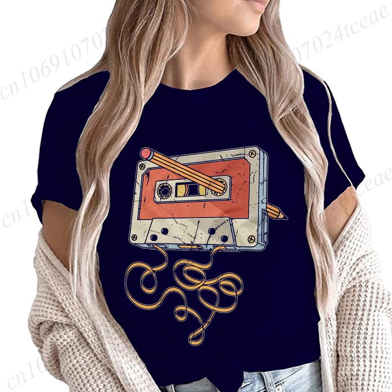 

Women s Vintage Cassette Tape with Pencil T-shirt Shirts for Girls Funny Graphic Tees Birthday Clothes Fashion Casual Lady Tees S