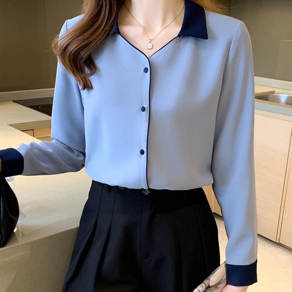 

WTEMPO Офисные женские шикарные ретро элегантные рубашки с V-образным вырезом весна осень длинный рукав повседневные универсальные топы на пуговицах блузки M синий