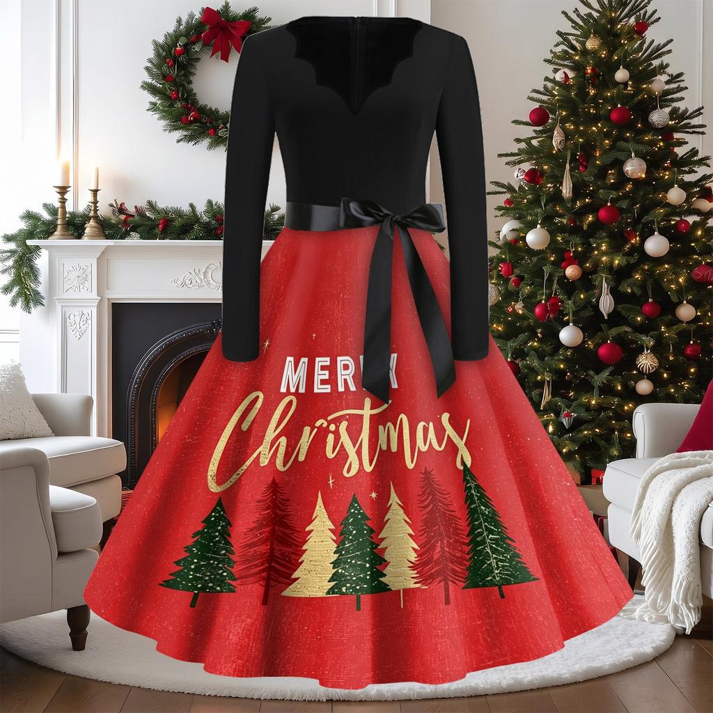 Women's Vintage V-Neck Long Sleeve Christmas Print Casual Dress