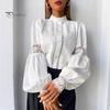 Stehkragen Bluse Damen Stickerei Spitze Hemd, Herbst Laternenärmel Bluse, Hemden Normale Passform Einfarbige Knopfleiste Lässig Formell Oberteil Polyester