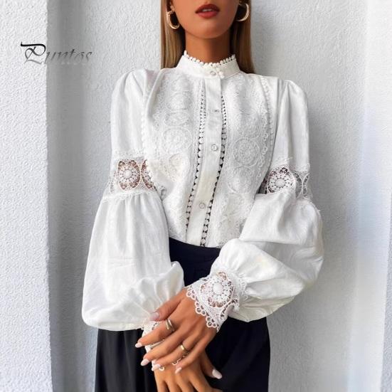Stehkragen Bluse Damen Stickerei Spitze Hemd, Herbst Laternenärmel Bluse, Hemden Normale Passform Einfarbige Knopfleiste Lässig Formell Oberteil Polyester