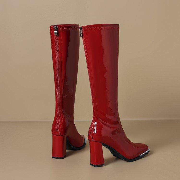 But knee high-heeled boots women's 2025 summer new versatile square head thick-heeled high boots patent leather versatile boots