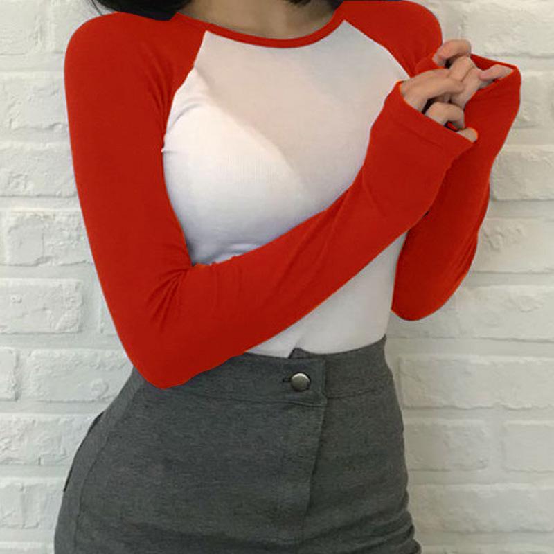 

Ретро Гонконгский Шик Приталенная Футболка Реглан: Черно-белый топ с длинным рукавом для женщин XXL красный/белый