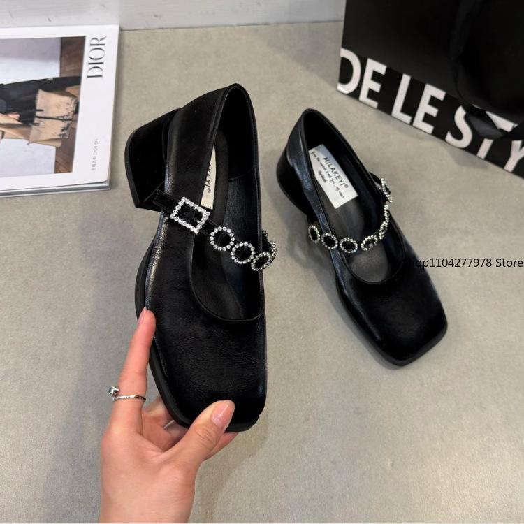 Fashion Women's Fashion High Heel Single Shoes Autumn New Square Head Shallow Mouth Rhinestone Thick with Temperament Mary Jane Shoes