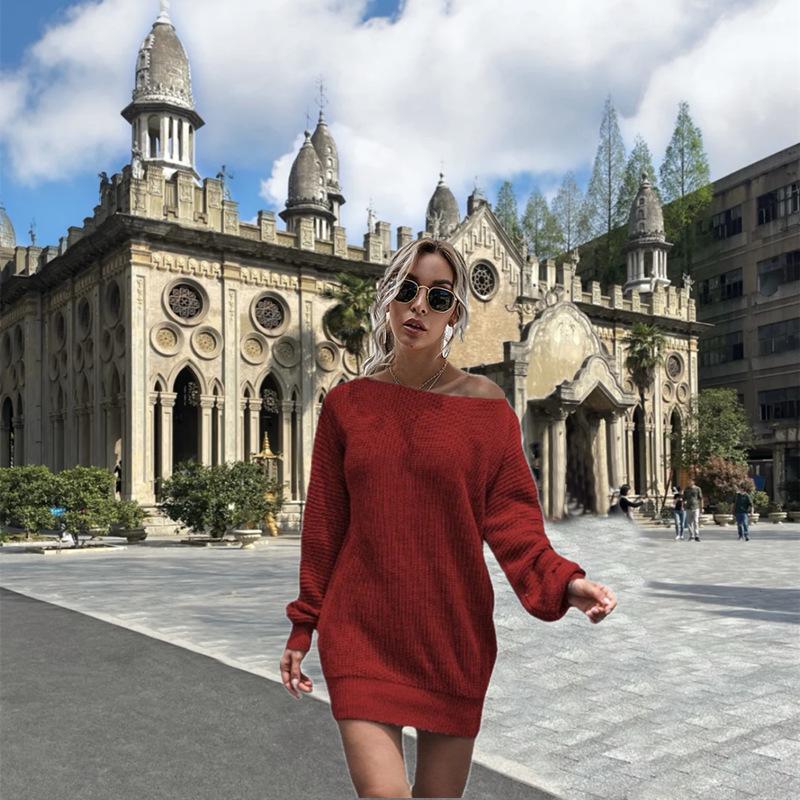 Damen Schulterfreies Strickkleid mit Laternenärmeln, Herbst/Winter 2020 Kollektion - Europäischer und Amerikanischer Lässiger Stil