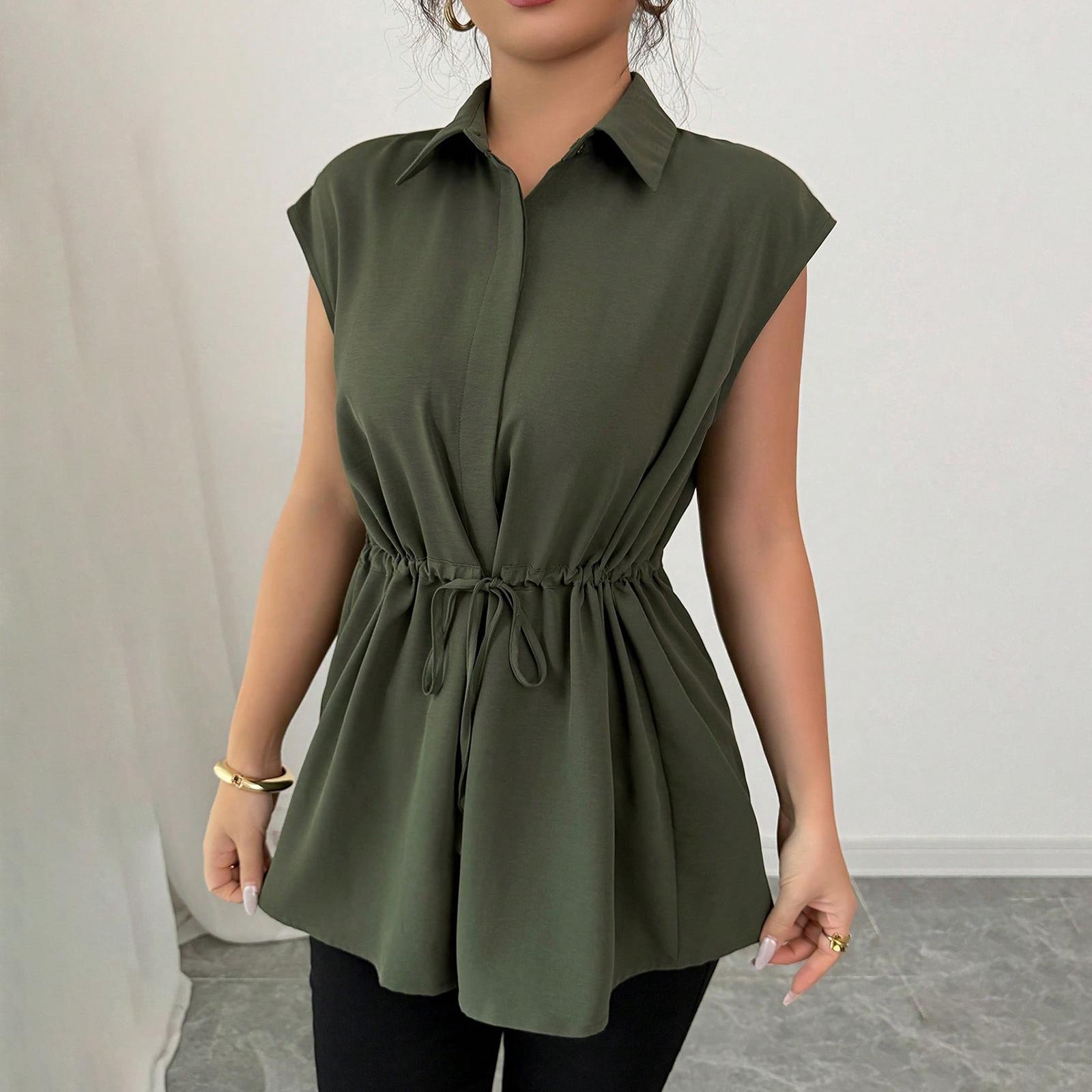 Women s Fashionable Loose Lace Waistband Single Breasted Color Lapel Short Sleeved Top XL