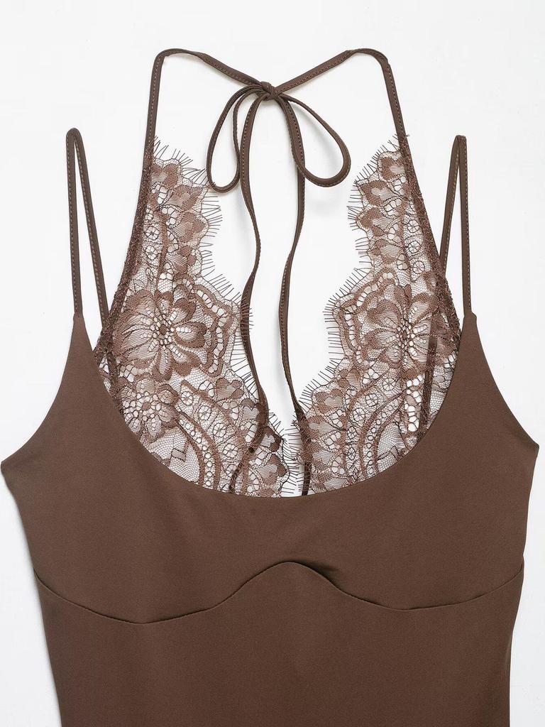 Europæisk & Amerikansk Kvinders Patchwork Blonder Halterneck Bodystocking - Populært Mode