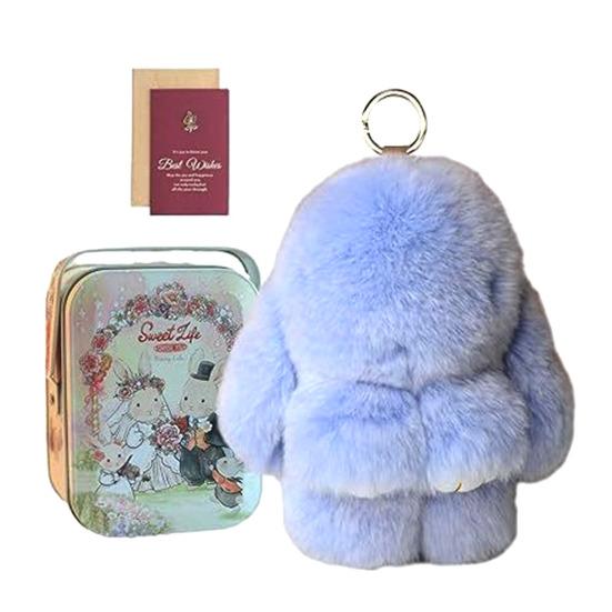 Handmade Soft Plush Bunny Keychain with Tin Box Fluffy Cute Bunny Pom Pom Charm Stuffed Animal Keyring for Easter Birthday Gift