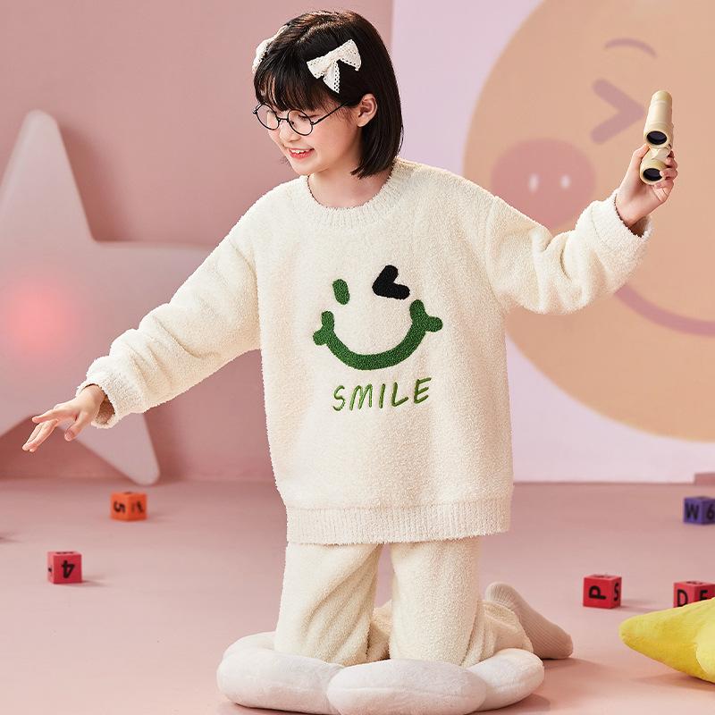 Kids Flannel Pajamas Set Boys Girls Warm Long Sleeve Top And Pants Sleepwear Winter Home Nightwear