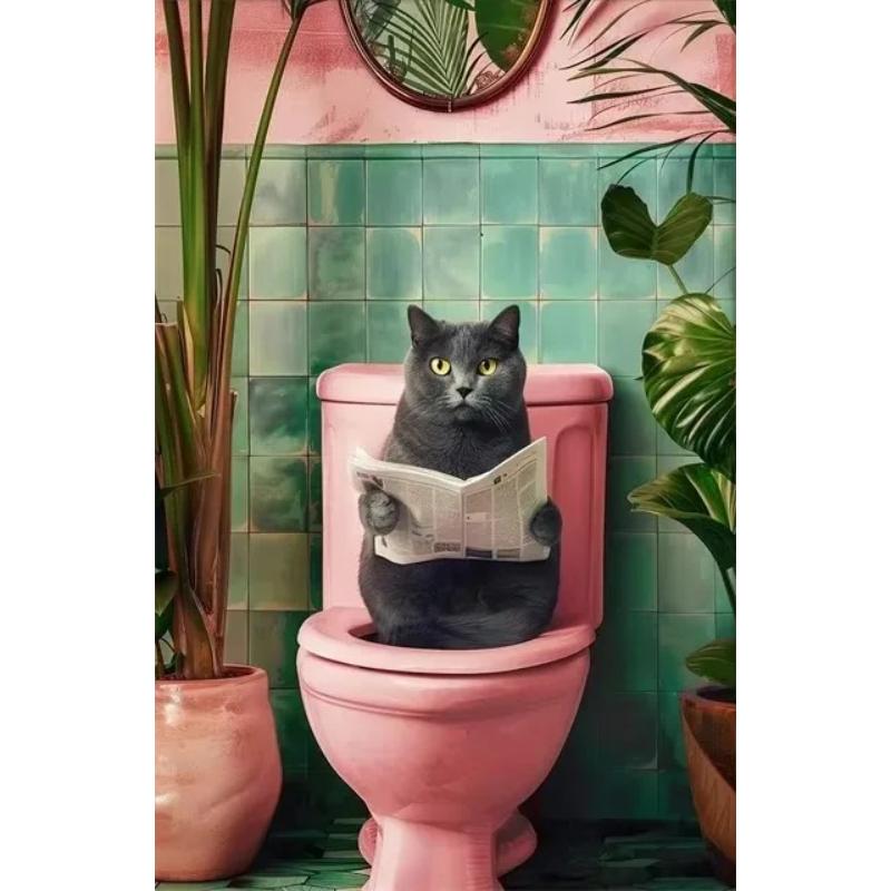 Funny Cat On Toilet Wall Art Cat Reading Newspaper Canvas Posters Print Picture for Home Bathroom Living Room Decor No Frame