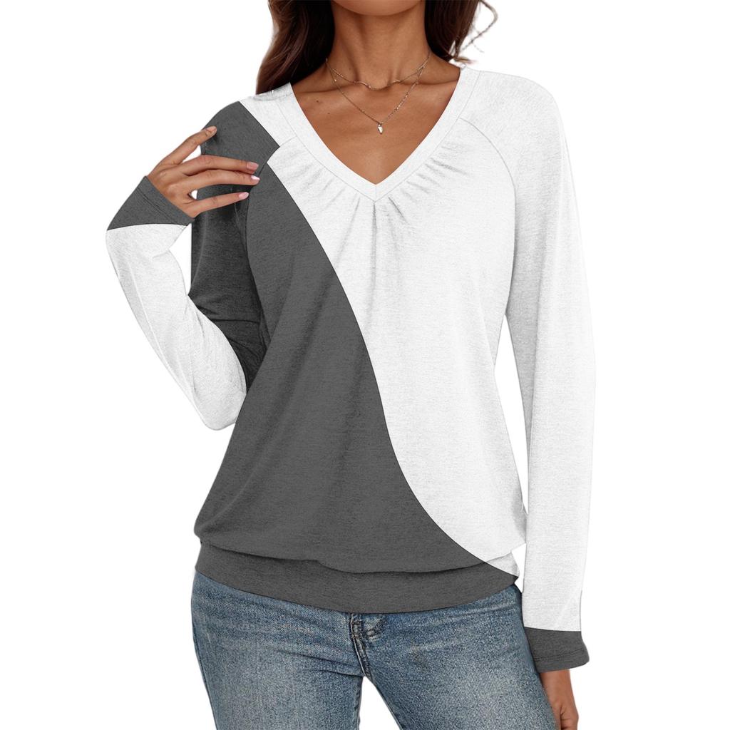 Women's Casual Fashion V-Neck Raglan Pleated Plaid Print Long Sleeve Top
