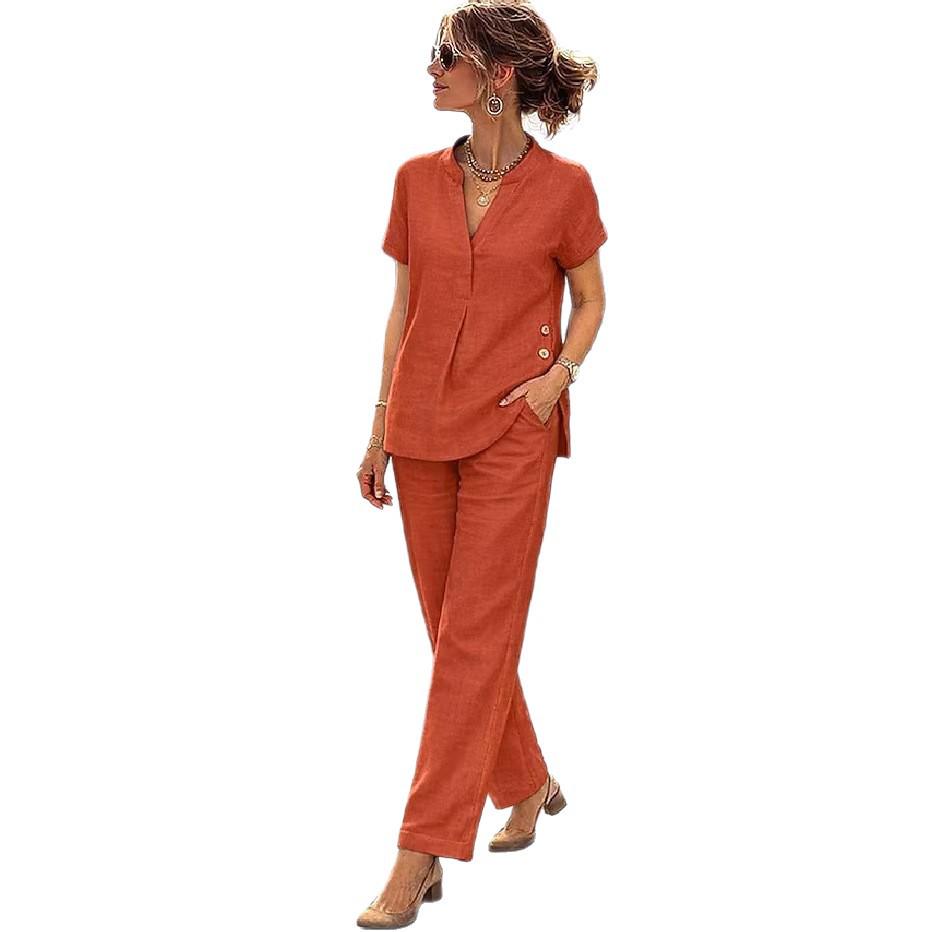 Spring/Summer 2026 European & American Linen V-Neck Short-Sleeve Two-Piece Casual Set