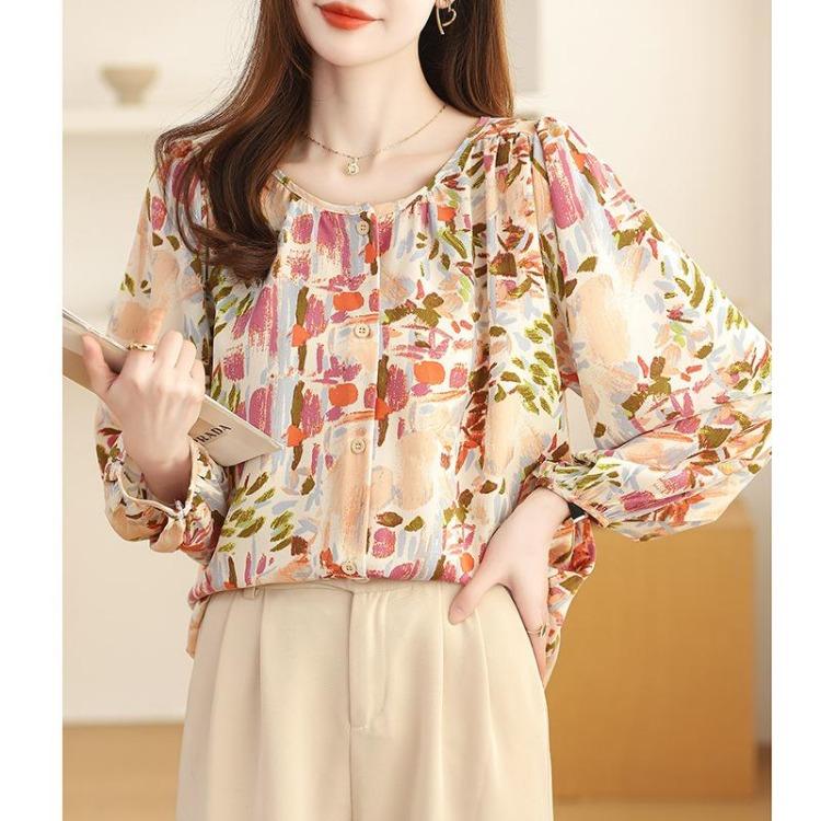 French Retro Floral Print Womens Shirt Trendy Blouse Feminine Tops