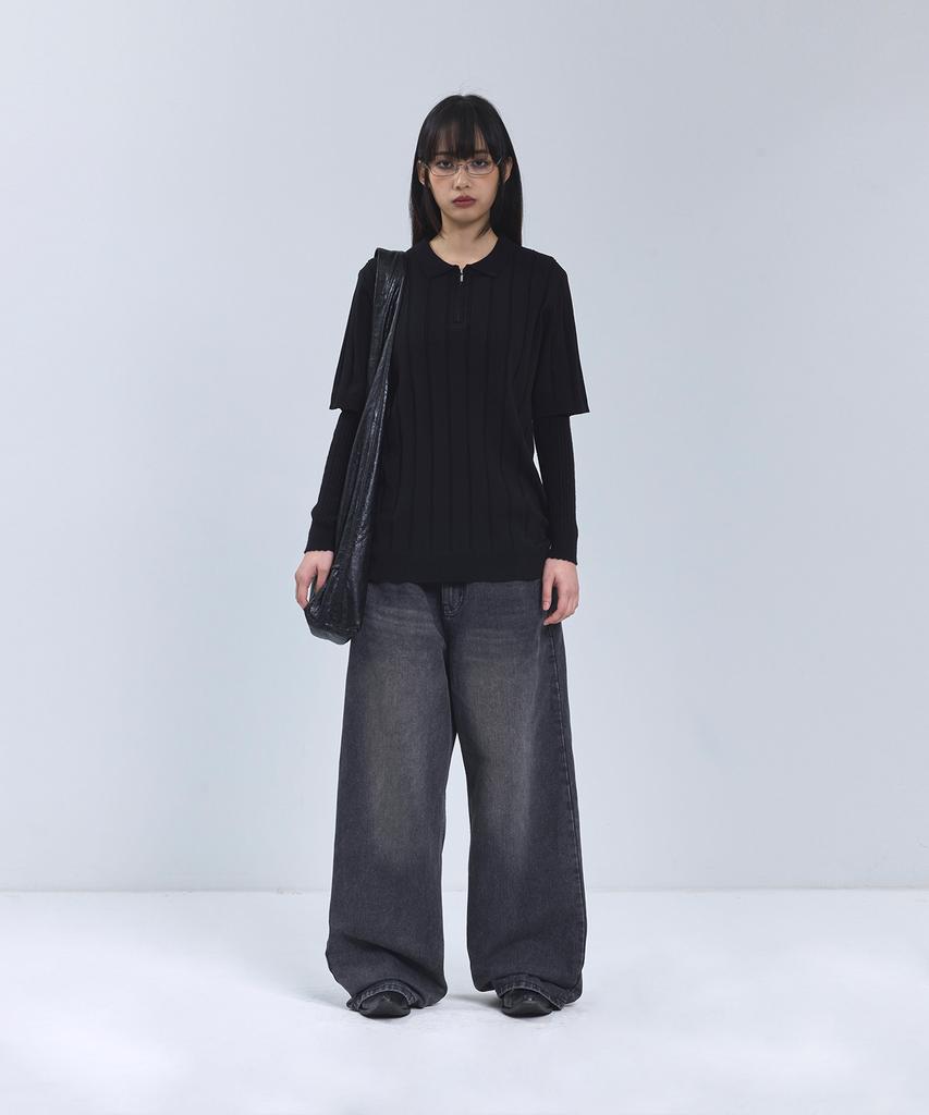 IRONYPORNO WHITELINE 86-Iro356 Micro Cable Half-Zip Collared Short Sleeve Knit Black