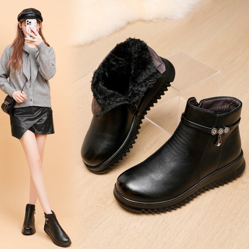 Shoes cotton shoes winter short boots non-slip warm velvet microfiber leather shoes medium and old winter women's shoes black