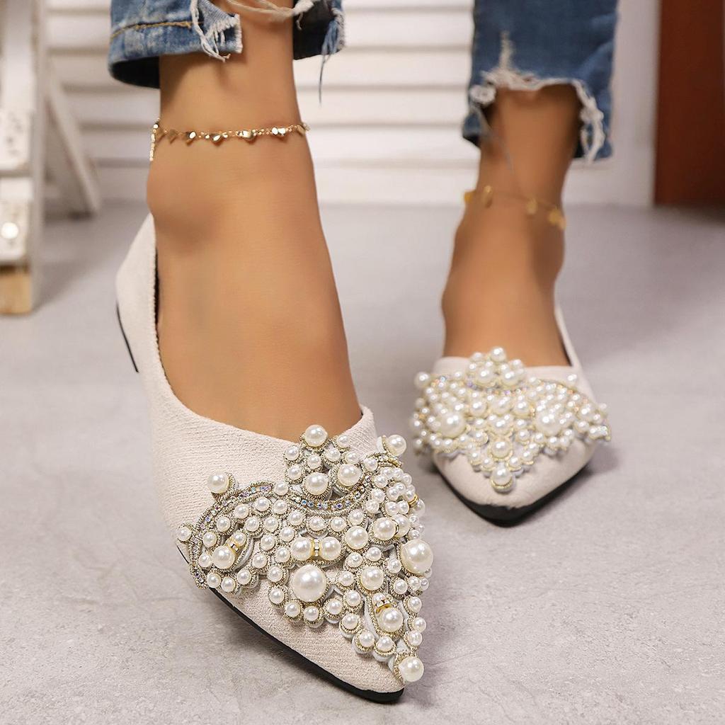 New Crown Pearl Soft Flats Wedding Shoes Pointed Toe Women Dress Low Pearl Heel Ladies Fashion Luxury Plus Size 43 Shoes