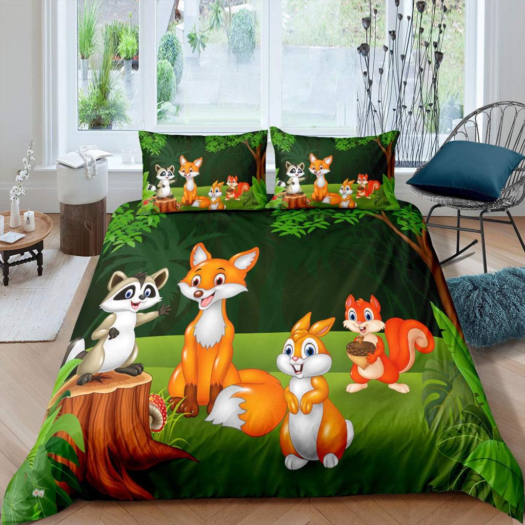 3D Squirrel King Queen Duvet Cover Lovely Animal Bedding Set For Kids Teens Adults Wildlife Green Leaves Soft 2/3pcs Quilt Cover