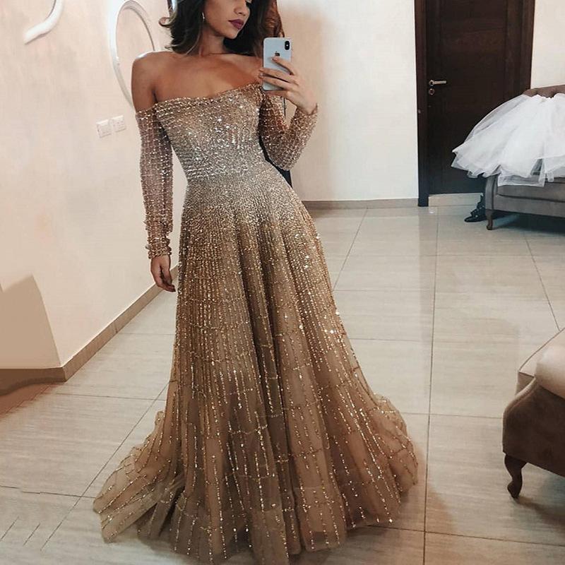 SC1011 Internet Celebrity New Long 1011 Autumn and Winter Shiny One-word Shoulder Long-sleeved Tube Top Dress
